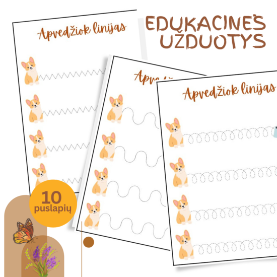 Apvedimo linijų užduotys vaikams | 10 puslapių PDF su šuniukais | Smulkiosios motorikos lavinimas